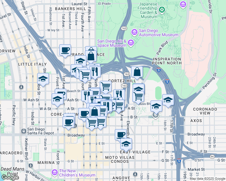 map of restaurants, bars, coffee shops, grocery stores, and more near 850 Beech Street in San Diego