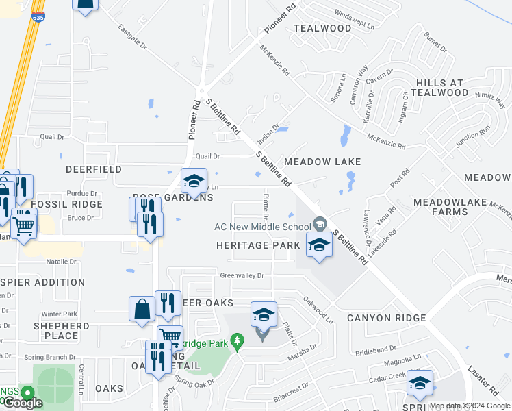 map of restaurants, bars, coffee shops, grocery stores, and more near 13236 Valley Forge Circle in Balch Springs