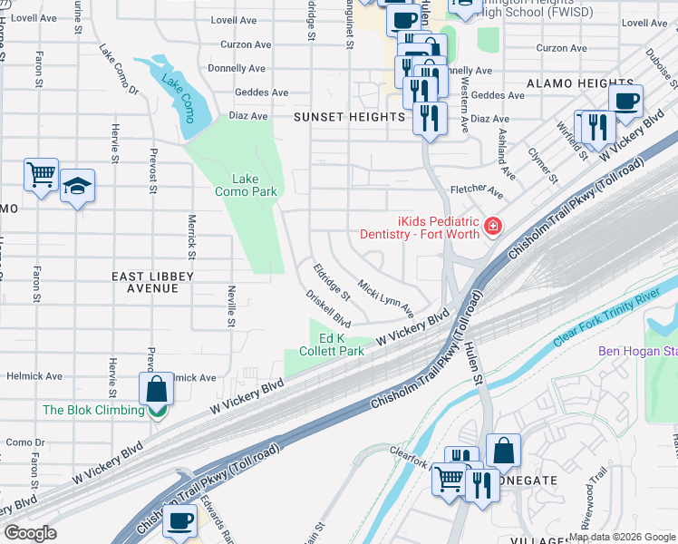 map of restaurants, bars, coffee shops, grocery stores, and more near 3928 Micki Lynn Avenue in Fort Worth