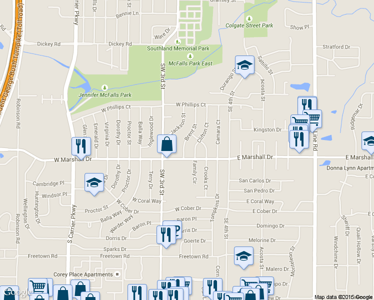 map of restaurants, bars, coffee shops, grocery stores, and more near 1721 Brent Street in Grand Prairie