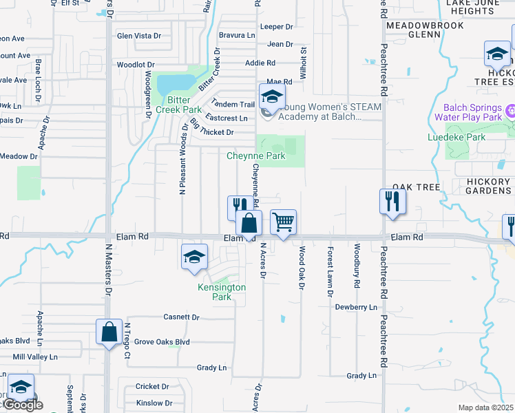 map of restaurants, bars, coffee shops, grocery stores, and more near 544 Cheyenne Road in Dallas