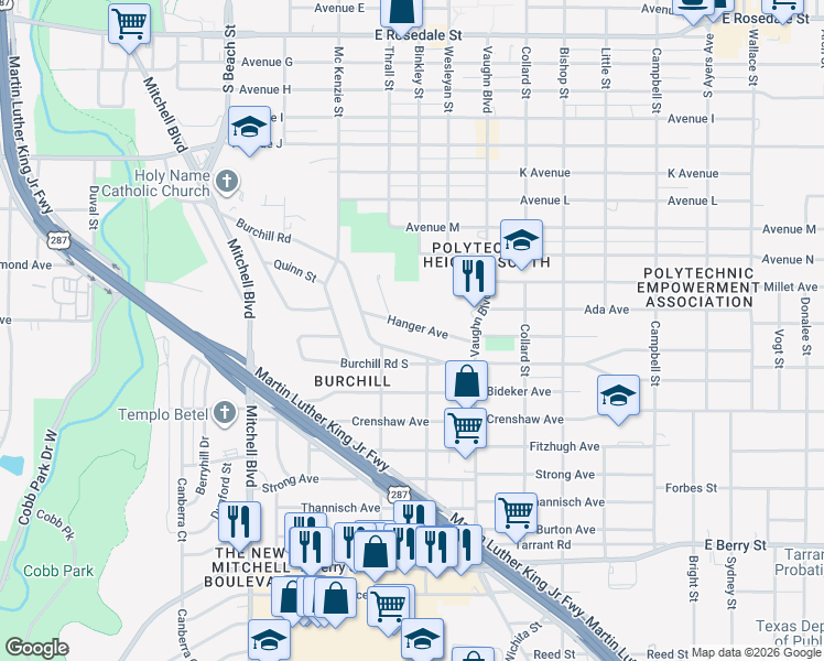 map of restaurants, bars, coffee shops, grocery stores, and more near 2928 Hanger Avenue in Fort Worth