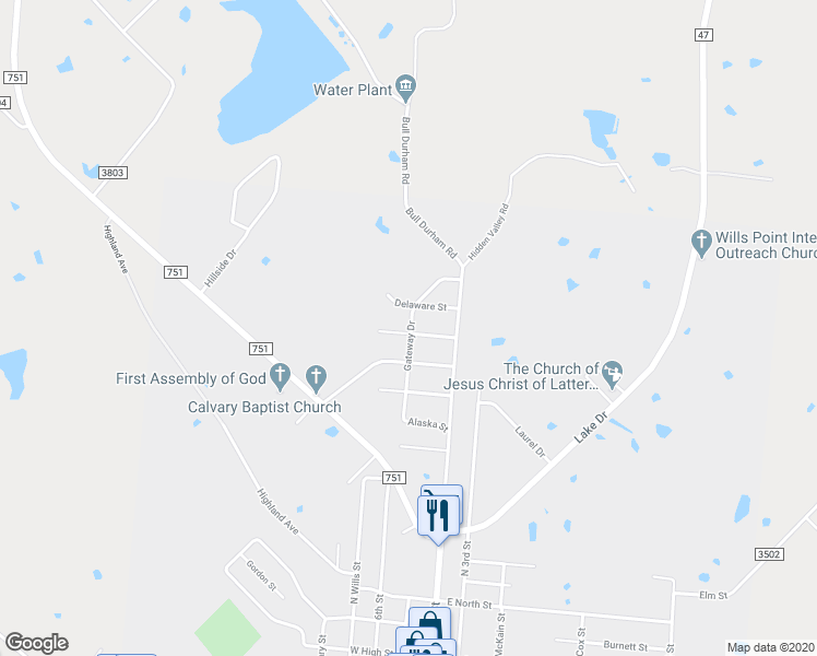 map of restaurants, bars, coffee shops, grocery stores, and more near 206 Texas Street in Wills Point