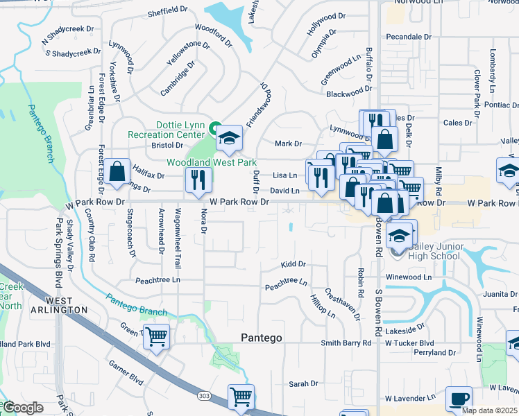 map of restaurants, bars, coffee shops, grocery stores, and more near 3006 West Park Row Drive in Pantego