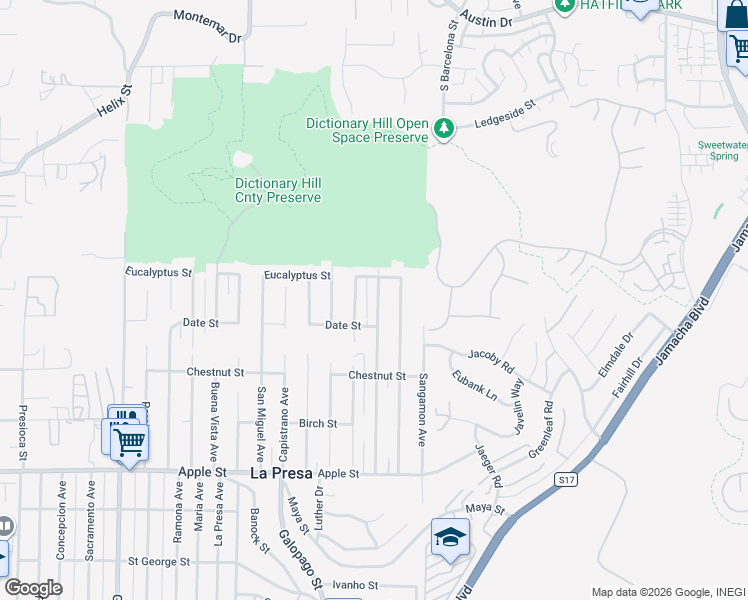 map of restaurants, bars, coffee shops, grocery stores, and more near 1636 San Bernardino Avenue in Spring Valley