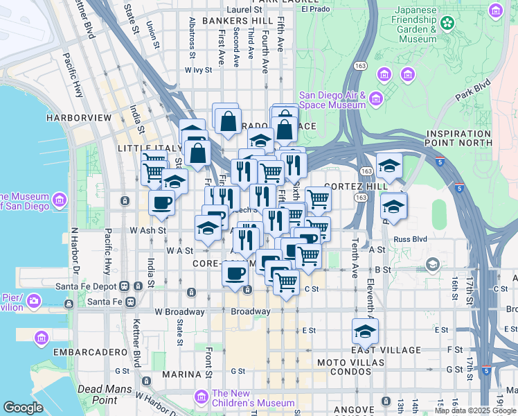 map of restaurants, bars, coffee shops, grocery stores, and more near 300 Beech Street in San Diego
