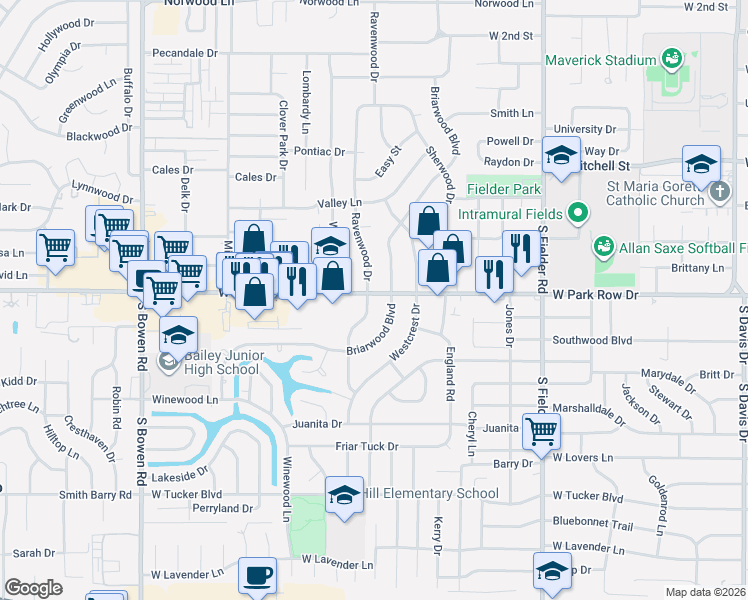 map of restaurants, bars, coffee shops, grocery stores, and more near 1501 Ravenwood Drive in Arlington
