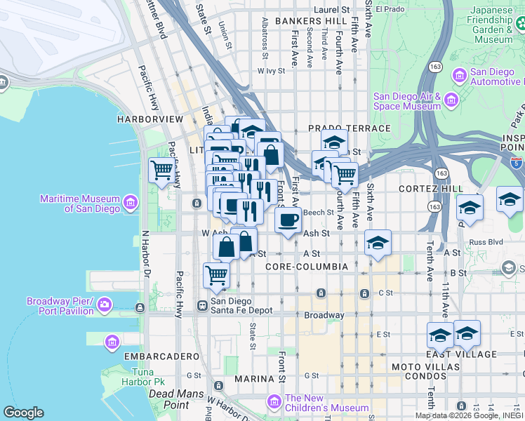 map of restaurants, bars, coffee shops, grocery stores, and more near 1500 State Street in San Diego