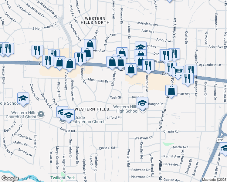 map of restaurants, bars, coffee shops, grocery stores, and more near 3517 Slade Boulevard in Fort Worth