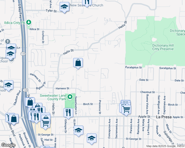 map of restaurants, bars, coffee shops, grocery stores, and more near 1725 Presioca Street in Spring Valley