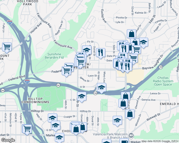 map of restaurants, bars, coffee shops, grocery stores, and more near 4819 Federal Boulevard in San Diego