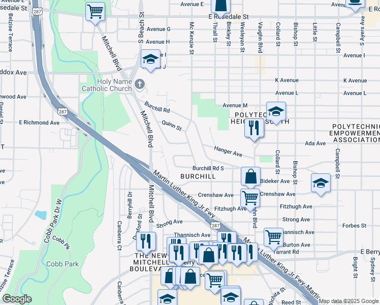 map of restaurants, bars, coffee shops, grocery stores, and more near 2733 Hanger Avenue in Fort Worth