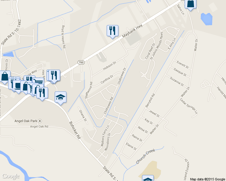 map of restaurants, bars, coffee shops, grocery stores, and more near 2036 Chilhowee Drive in Johns Island