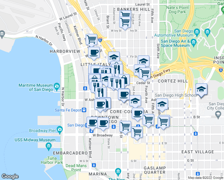map of restaurants, bars, coffee shops, grocery stores, and more near 1500 State Street in San Diego