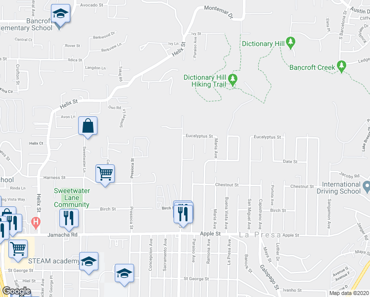 map of restaurants, bars, coffee shops, grocery stores, and more near 1631 Grand Avenue in Spring Valley