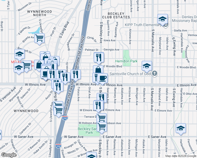 map of restaurants, bars, coffee shops, grocery stores, and more near 114 West Montana Avenue in Dallas