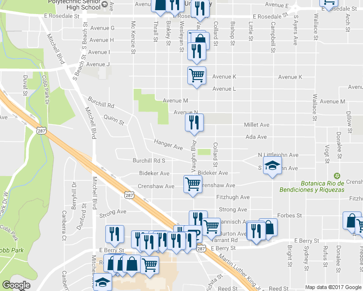 map of restaurants, bars, coffee shops, grocery stores, and more near 3029 Hanger Avenue in Fort Worth