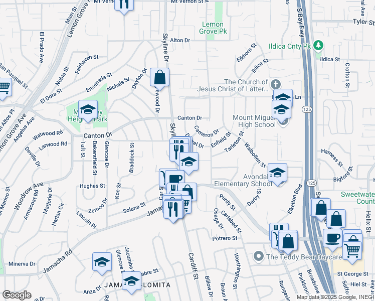 map of restaurants, bars, coffee shops, grocery stores, and more near 7922 Sunset Terrace in Lemon Grove