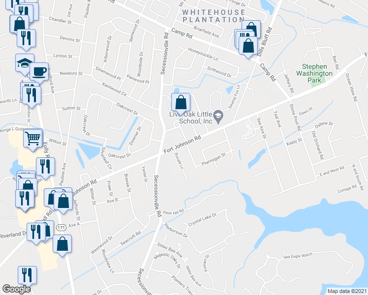 map of restaurants, bars, coffee shops, grocery stores, and more near 1203 Chicorie Way in Charleston