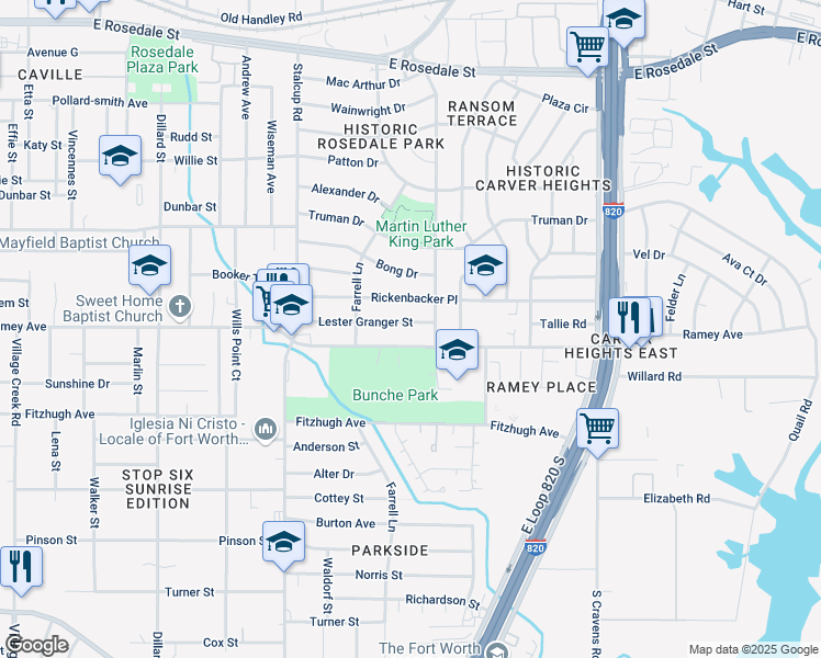 map of restaurants, bars, coffee shops, grocery stores, and more near 5640 Lester Granger Drive in Fort Worth