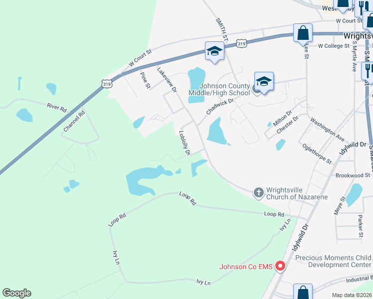 map of restaurants, bars, coffee shops, grocery stores, and more near Loblolly Drive in Wrightsville