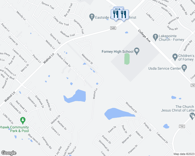 map of restaurants, bars, coffee shops, grocery stores, and more near 13889 Hollow Creek Drive in Forney