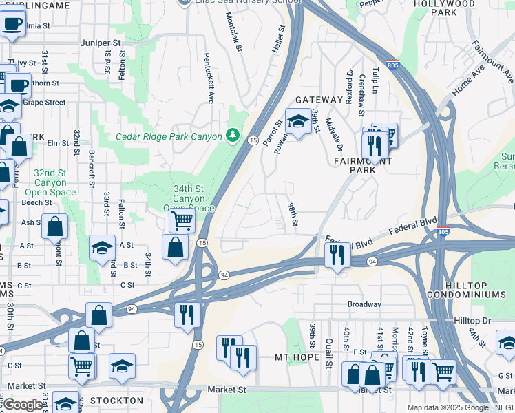 map of restaurants, bars, coffee shops, grocery stores, and more near 3660 Cactusridge Court in San Diego