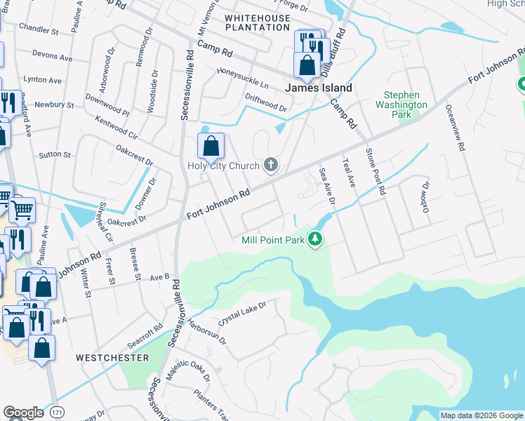 map of restaurants, bars, coffee shops, grocery stores, and more near 1315 Bob White Drive in Charleston