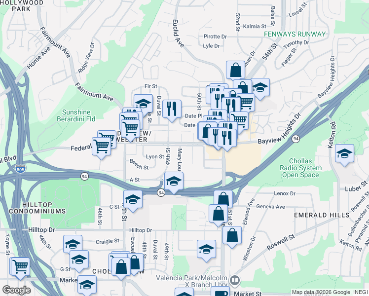 map of restaurants, bars, coffee shops, grocery stores, and more near 4965 Federal Boulevard in San Diego