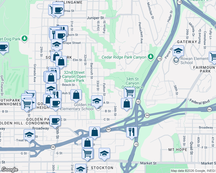 map of restaurants, bars, coffee shops, grocery stores, and more near 1435 Gregory Street in San Diego