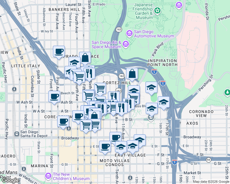 map of restaurants, bars, coffee shops, grocery stores, and more near in San Diego