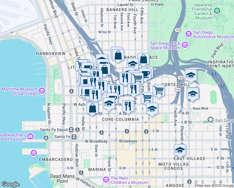 map of restaurants, bars, coffee shops, grocery stores, and more near 124 Beech Street in San Diego