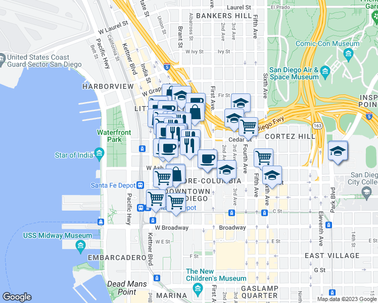 map of restaurants, bars, coffee shops, grocery stores, and more near 1541 India Street in San Diego