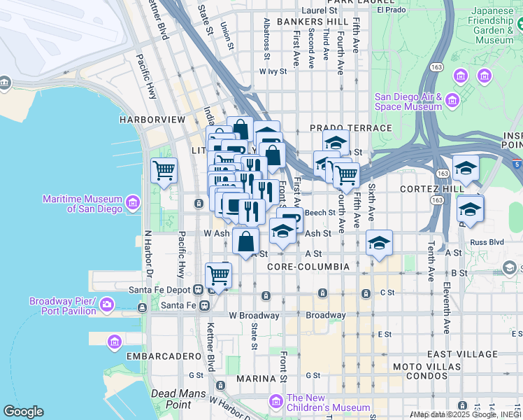 map of restaurants, bars, coffee shops, grocery stores, and more near 1500 State Street in San Diego