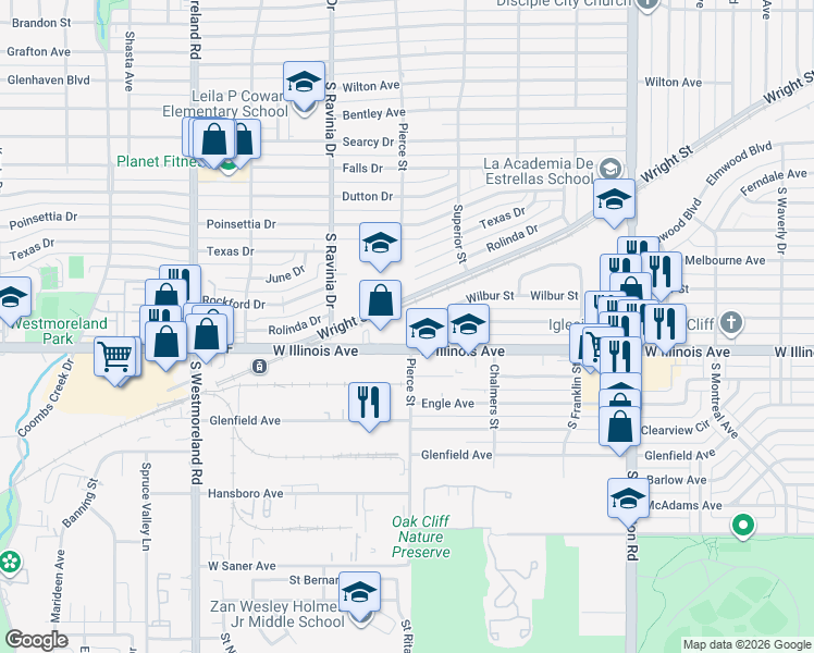 map of restaurants, bars, coffee shops, grocery stores, and more near 2747 Wilbur Street in Dallas