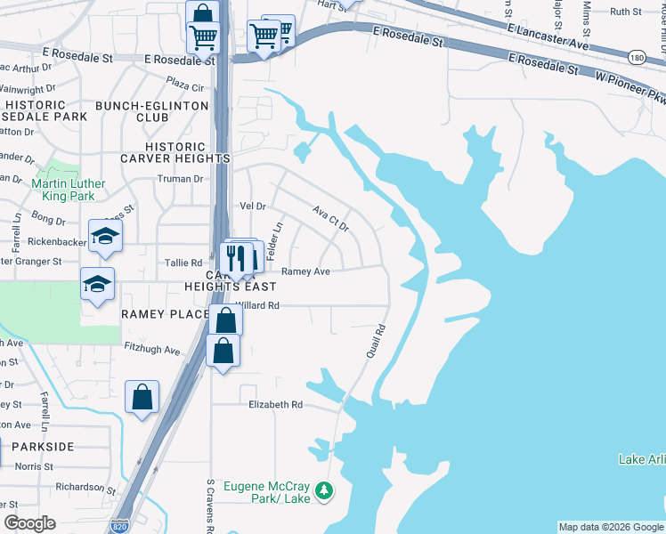 map of restaurants, bars, coffee shops, grocery stores, and more near 6417 Ramey Avenue in Fort Worth