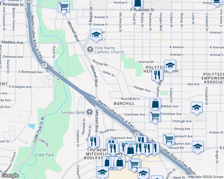 map of restaurants, bars, coffee shops, grocery stores, and more near 2701 Hanger Avenue in Fort Worth