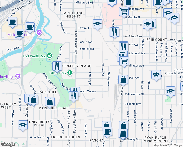map of restaurants, bars, coffee shops, grocery stores, and more near 2025 Huntington Lane in Fort Worth