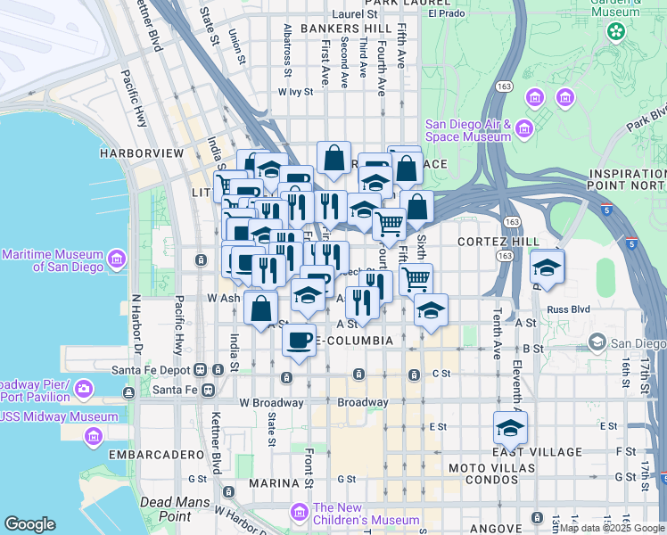 map of restaurants, bars, coffee shops, grocery stores, and more near 124 Beech Street in San Diego