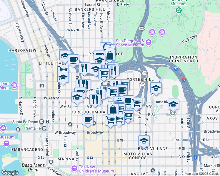 map of restaurants, bars, coffee shops, grocery stores, and more near 1500 Fifth Avenue in San Diego