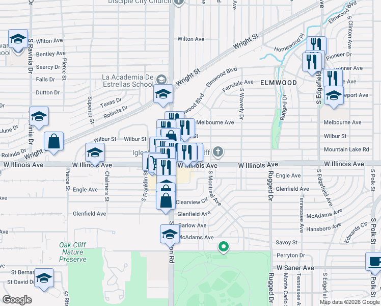 map of restaurants, bars, coffee shops, grocery stores, and more near 2210 Mountain Lake Road in Dallas