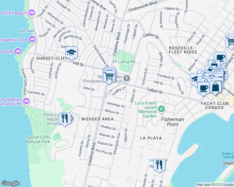 map of restaurants, bars, coffee shops, grocery stores, and more near 927 Tingley Lane in San Diego