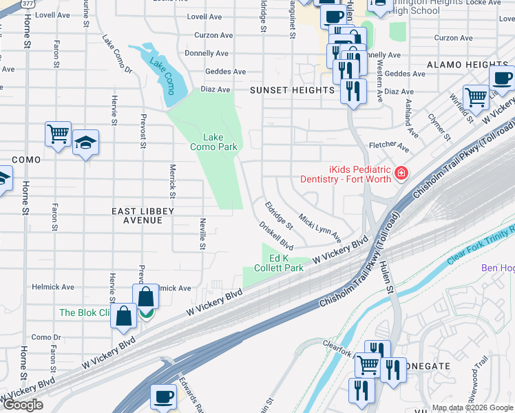 map of restaurants, bars, coffee shops, grocery stores, and more near 4001 Driskell Boulevard in Fort Worth