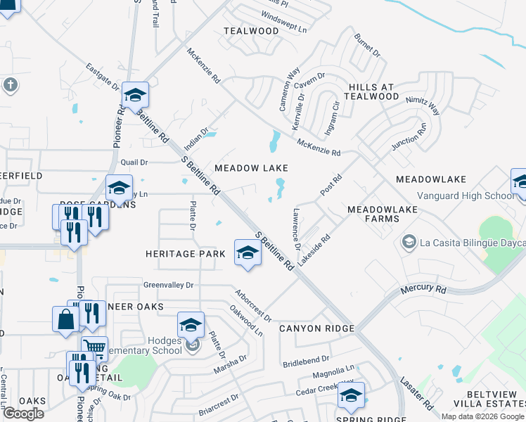 map of restaurants, bars, coffee shops, grocery stores, and more near 315 Post Road in Mesquite