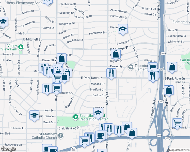 map of restaurants, bars, coffee shops, grocery stores, and more near 2105 East Park Row Drive in Arlington