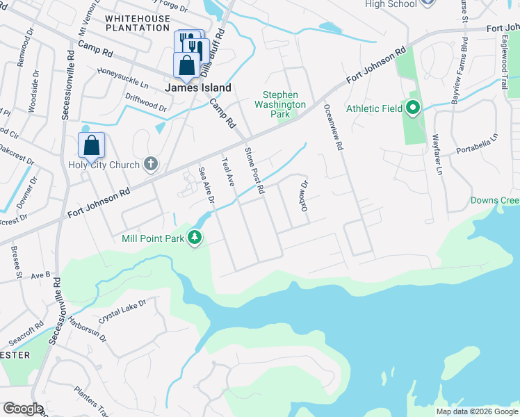 map of restaurants, bars, coffee shops, grocery stores, and more near 1315 Stone Post Road in Charleston
