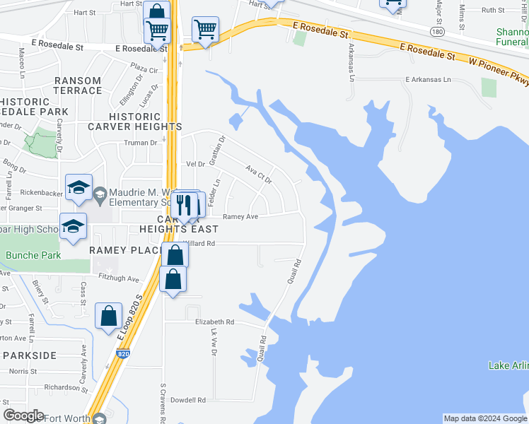 map of restaurants, bars, coffee shops, grocery stores, and more near 6417 Ramey Avenue in Fort Worth