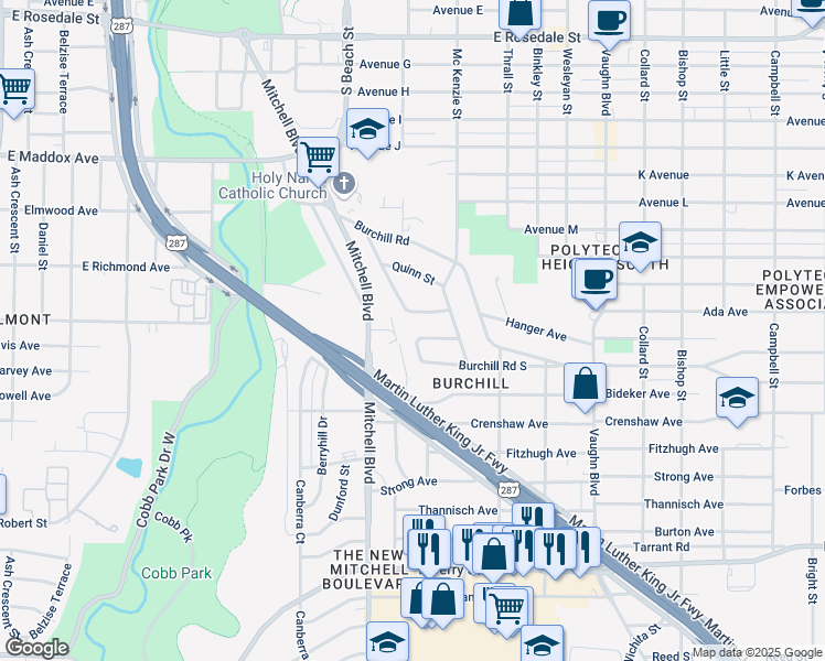 map of restaurants, bars, coffee shops, grocery stores, and more near 2701 Hanger Avenue in Fort Worth