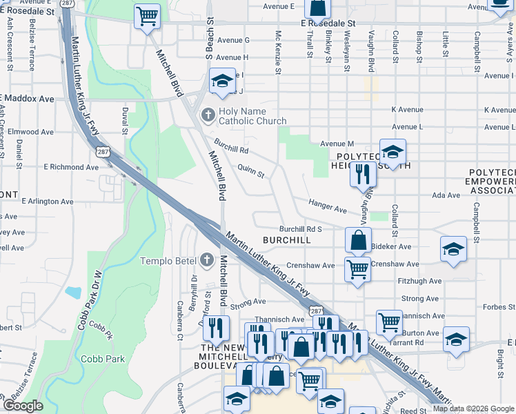 map of restaurants, bars, coffee shops, grocery stores, and more near 2701 Hanger Avenue in Fort Worth