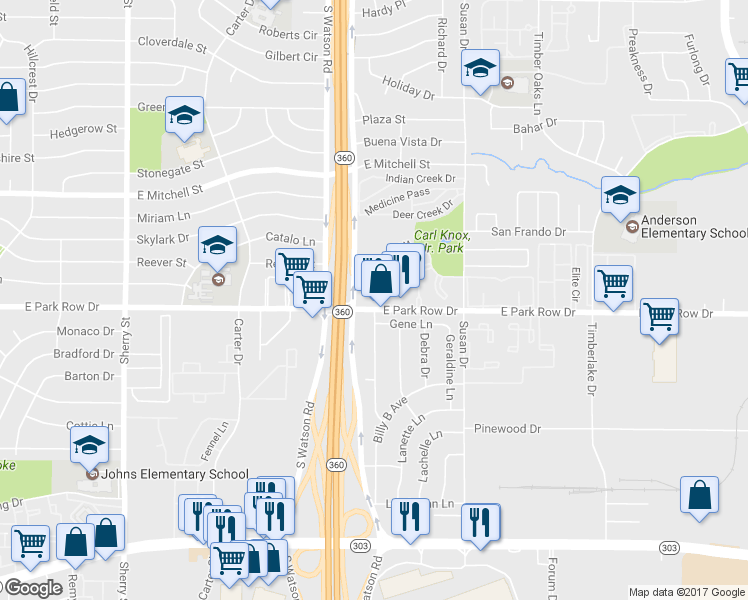map of restaurants, bars, coffee shops, grocery stores, and more near 2609 East Park Row Drive in Arlington
